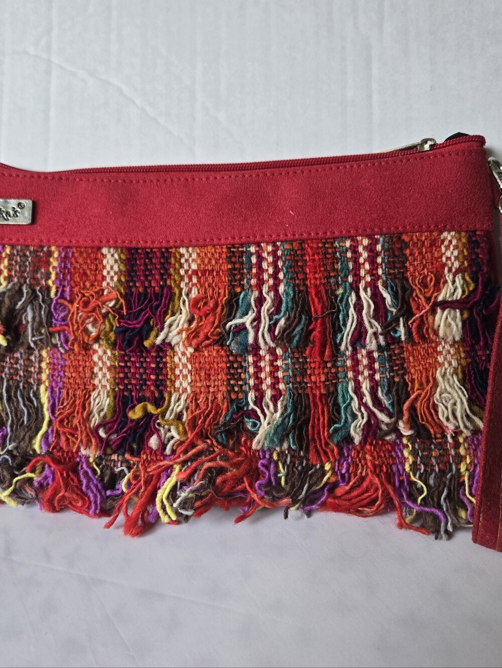 Inka's Boho Woven Fringe Wristlet Pouch Red Multicolor Shag Textile Clutch
